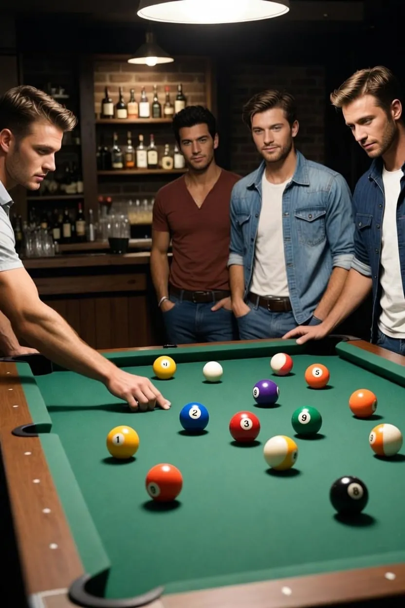 Men lining up a hand pool billiards shot in a bar